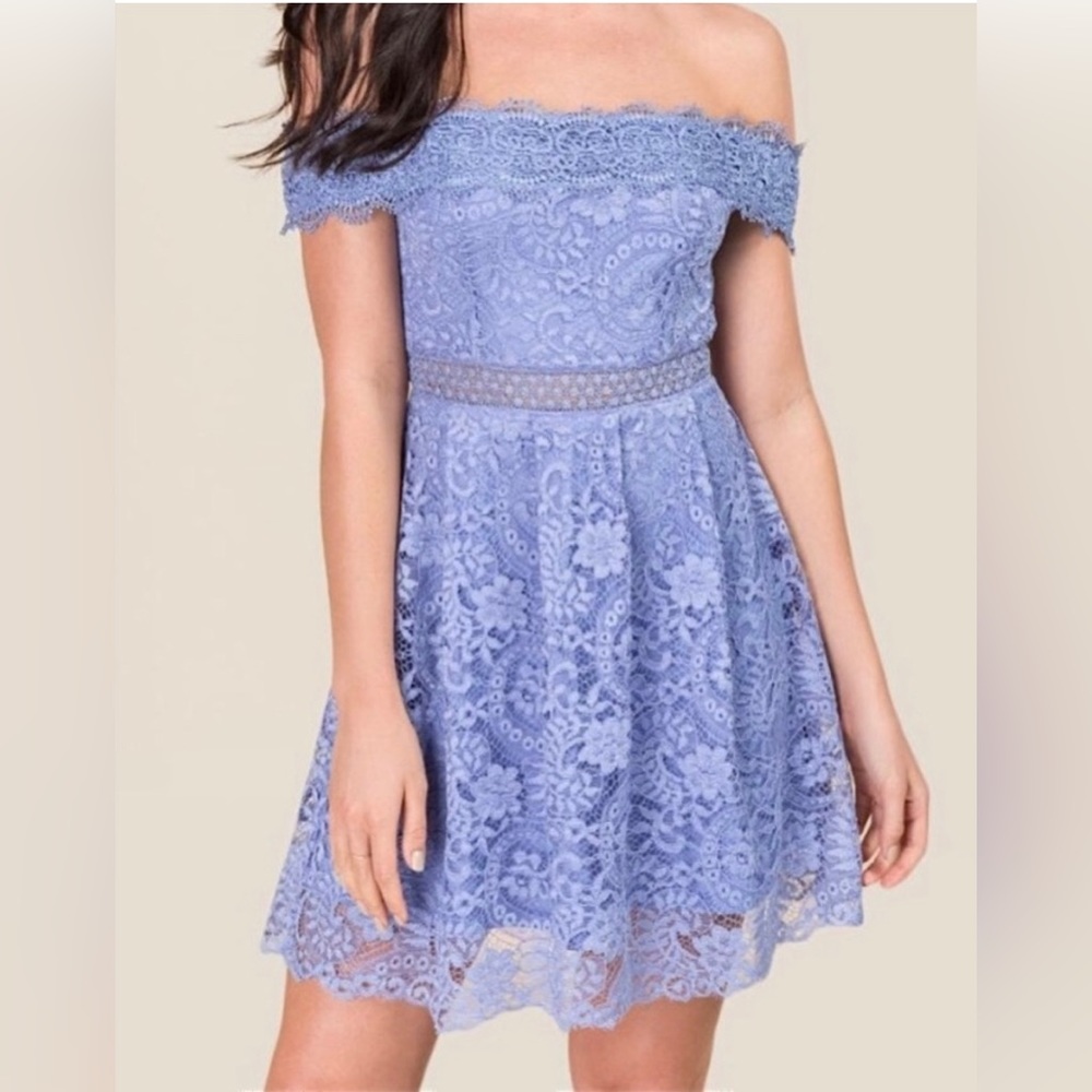 Francesca’s Lace Off Shoulder Lavendar XS Formal Preppy Event Wedding Minidress